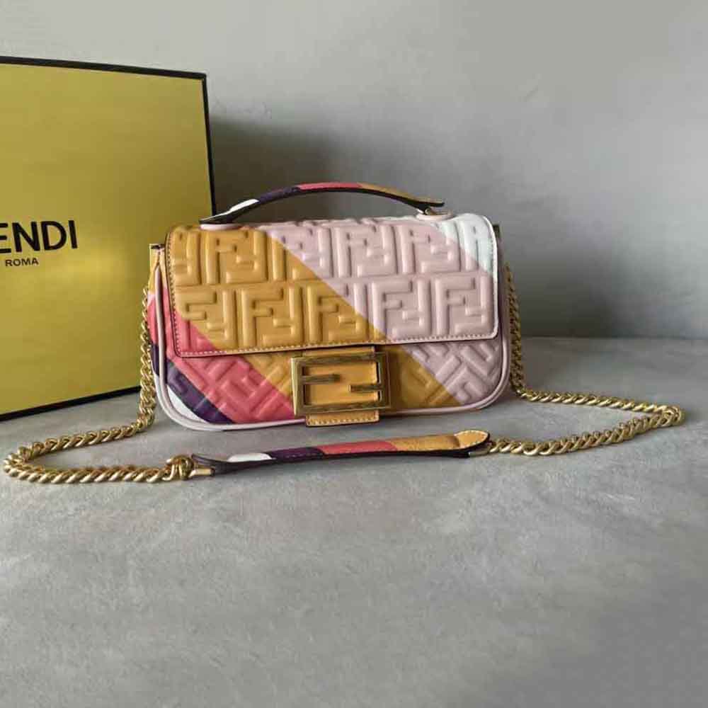 Close-up of gold-tone chain and multicolour print on Fendi Women Baguette Chain Midi Leather Bag