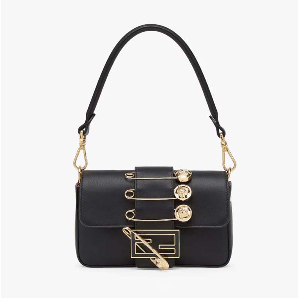 Front angle of Fendi Women Brooch Mini Baguette Fendace Black Leather Bag