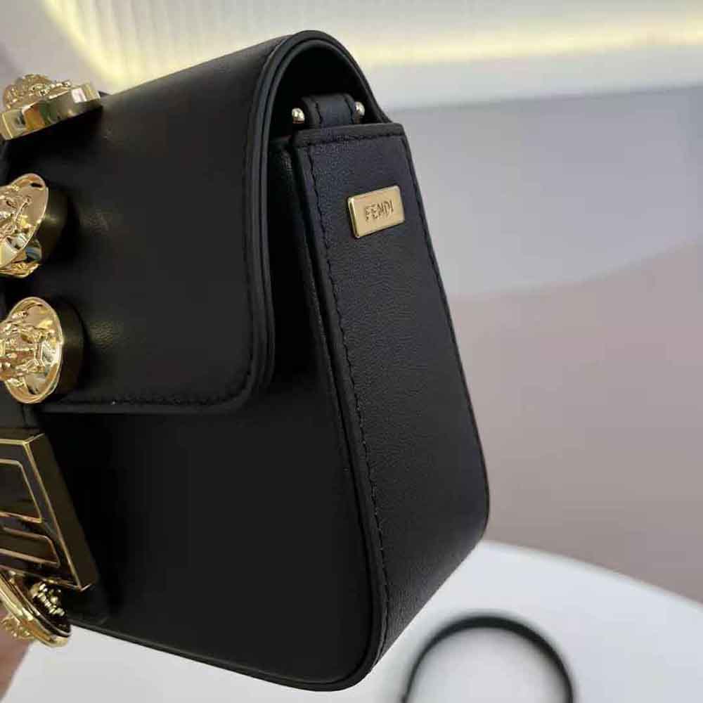 Fendi Women Brooch Mini Baguette Fendace Black Leather Bag - image 5