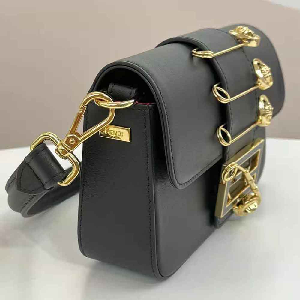 Fendi Women Brooch Mini Baguette Fendace Black Leather Bag - image 7