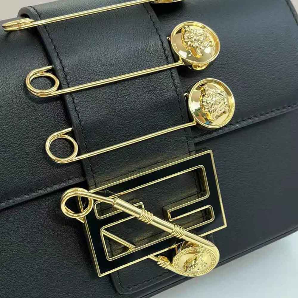 Fendi Women Brooch Mini Baguette Fendace Black Leather Bag - image 10