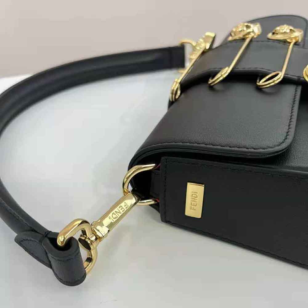 Fendi Women Brooch Mini Baguette Fendace Black Leather Bag - image 9