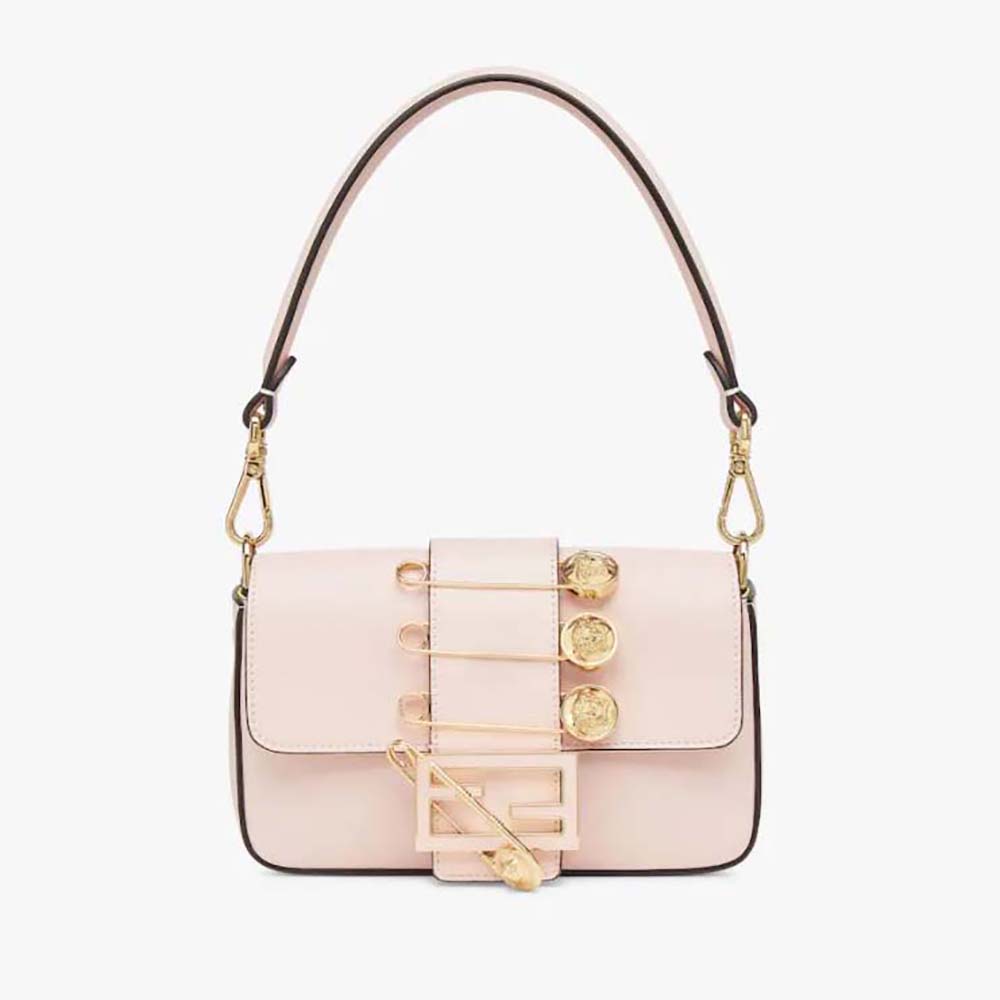 Front view of Fendi Women Brooch Mini Baguette Fendace Pink Leather Bag