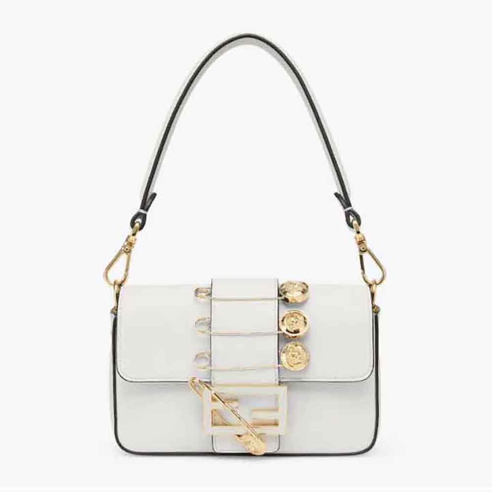 Front view of Fendi Women Brooch Mini Baguette Fendace White Leather Bag