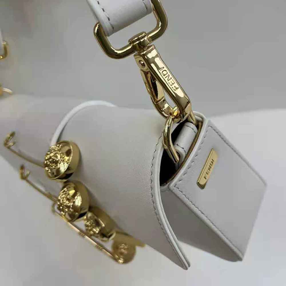 Fendi Women Brooch Mini Baguette Fendace White Leather Bag - image 7