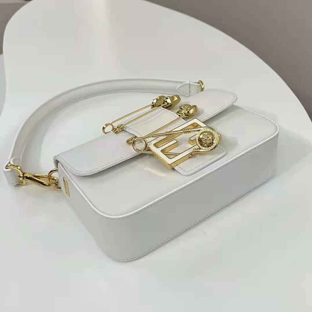 Fendi Women Brooch Mini Baguette Fendace White Leather Bag - image 5
