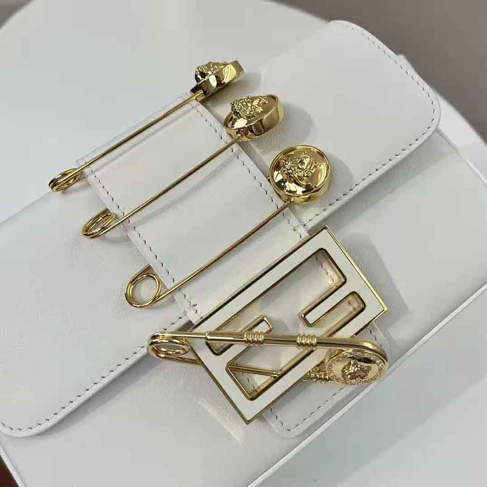 Fendi Women Brooch Mini Baguette Fendace White Leather Bag - image 10
