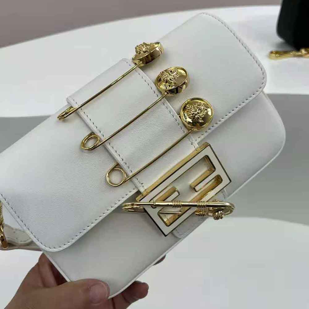 Fendi Women Brooch Mini Baguette Fendace White Leather Bag - image 9