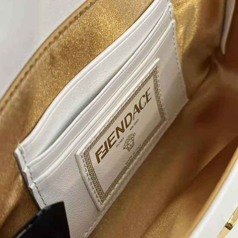 Fendi Women Brooch Mini Baguette Fendace White Leather Bag - image 8