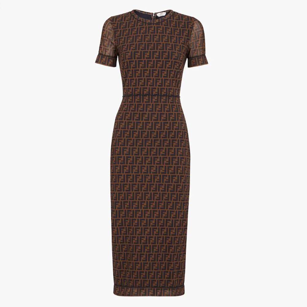 Front view of Fendi Women Brown Micro Mesh Dress with Pared-Down Silhouette