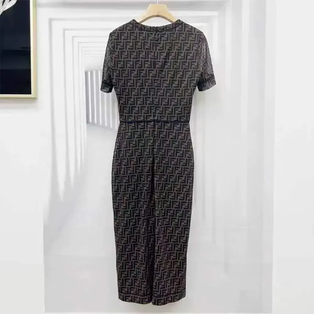 Side profile of Fendi Women Brown Micro Mesh Dress showcasing slim silhouette