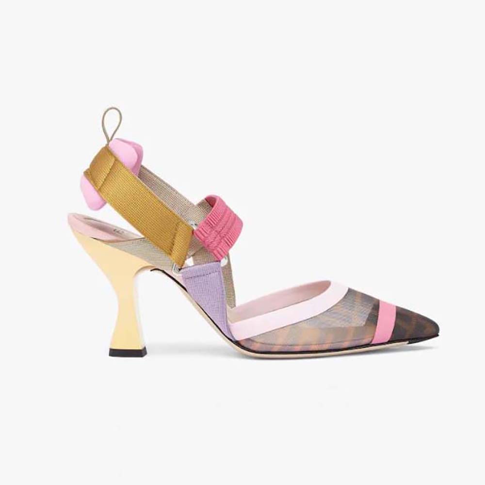 Side view of Fendi Women Colibrì Brown Mesh High-Heeled Slingbacks