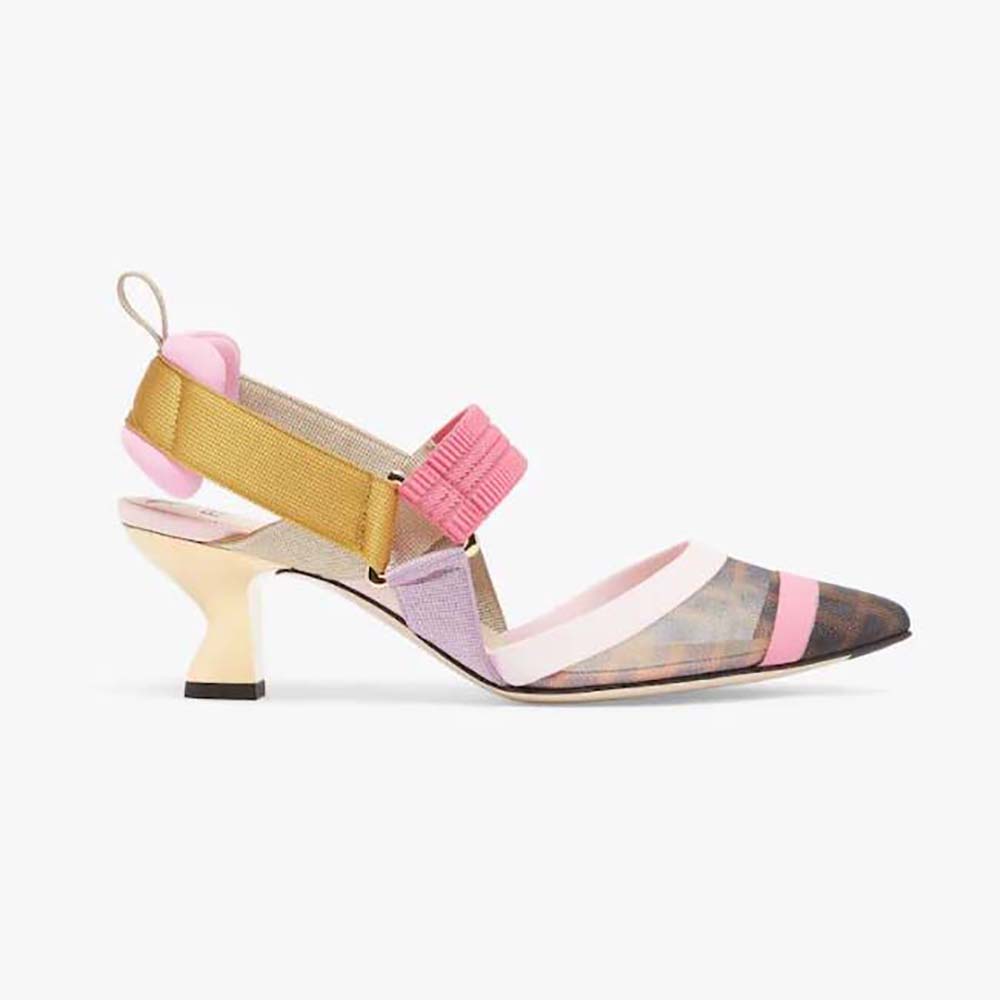 Side view of Fendi Women Colibrì Brown Mesh Medium-Heeled Slingbacks showcasing pink strap