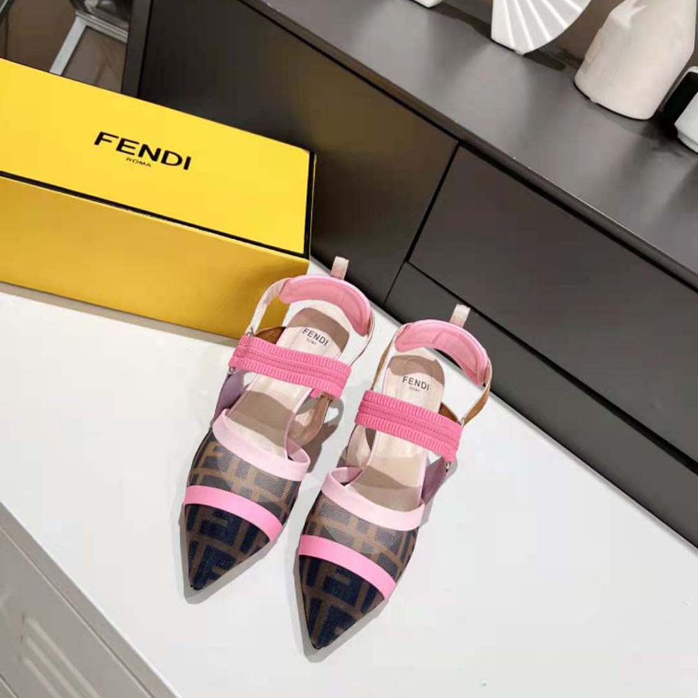 Close-up of mesh texture and Fendi logo hardware on slingbacks