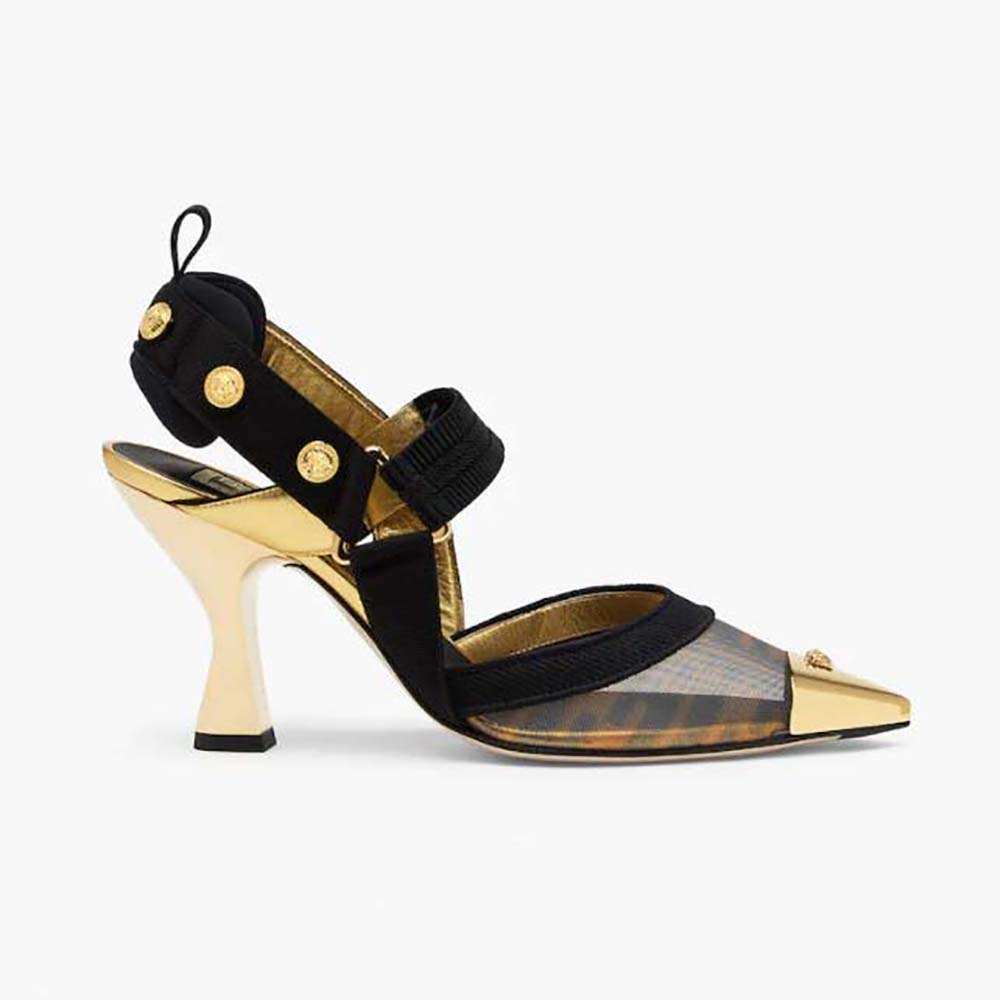 Side view of Fendi Women Colibrì Fendace High-Heeled Slingbacks in black FF mesh