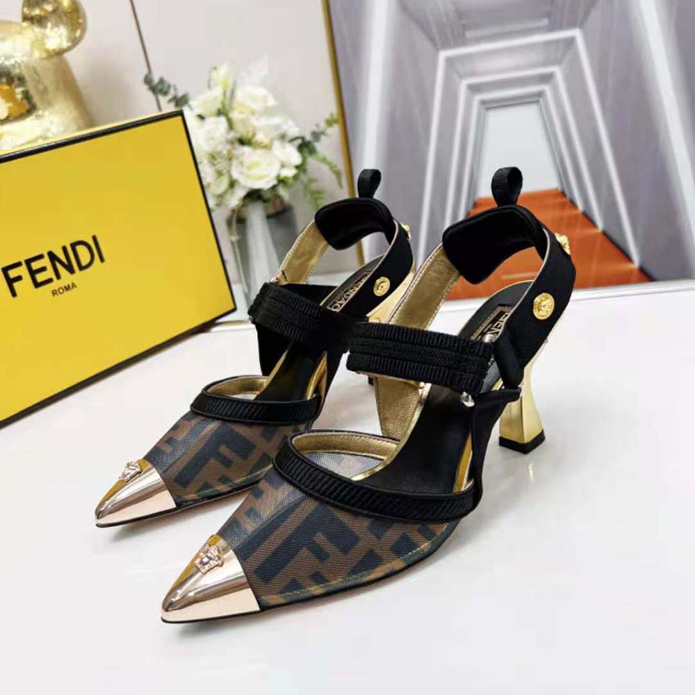 Rear angle showing adjustable slingback strap on Fendi Colibrì Fendace high heels
