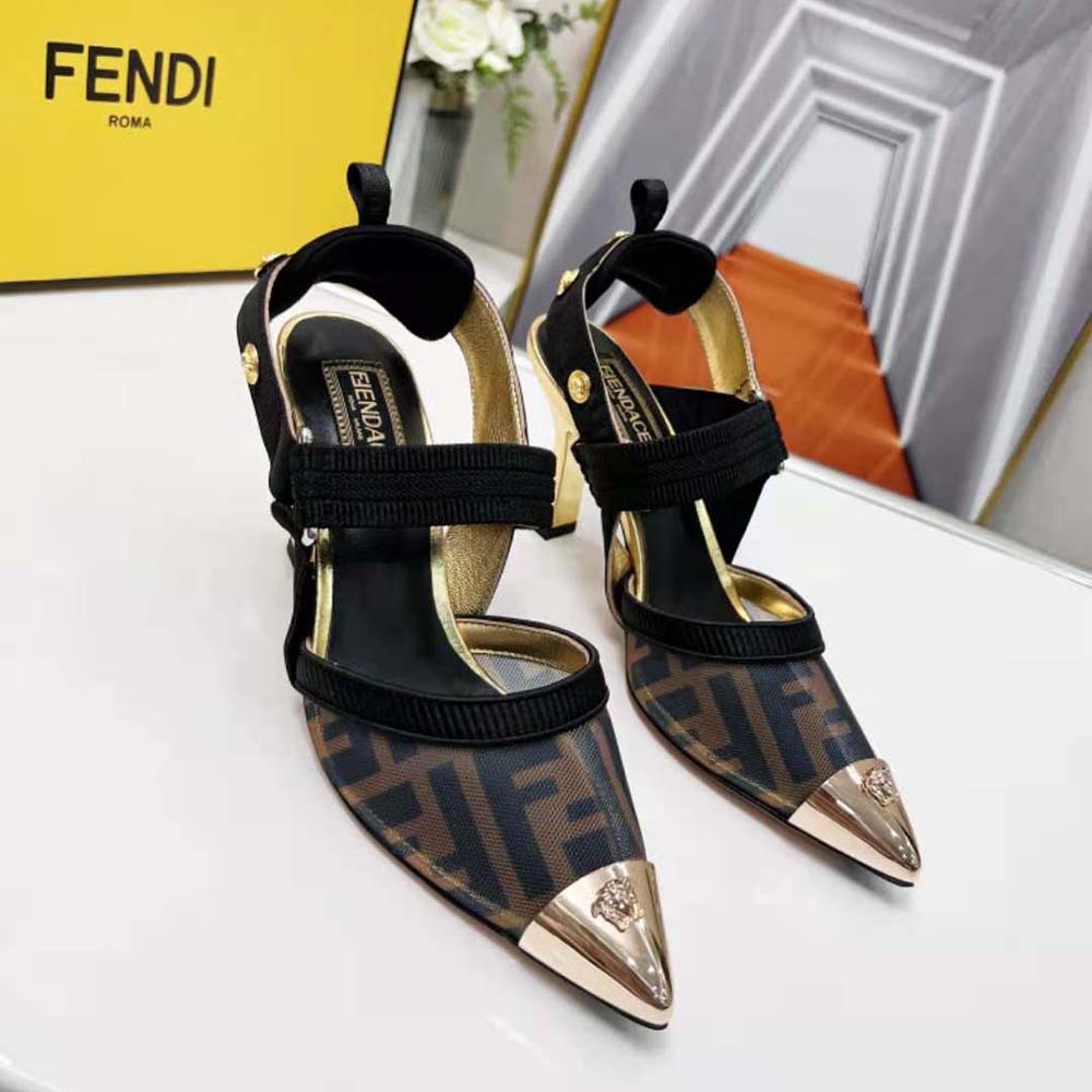 Close-up of gold Medusa hardware detail on Fendi Women Colibrì Fendace Slingbacks