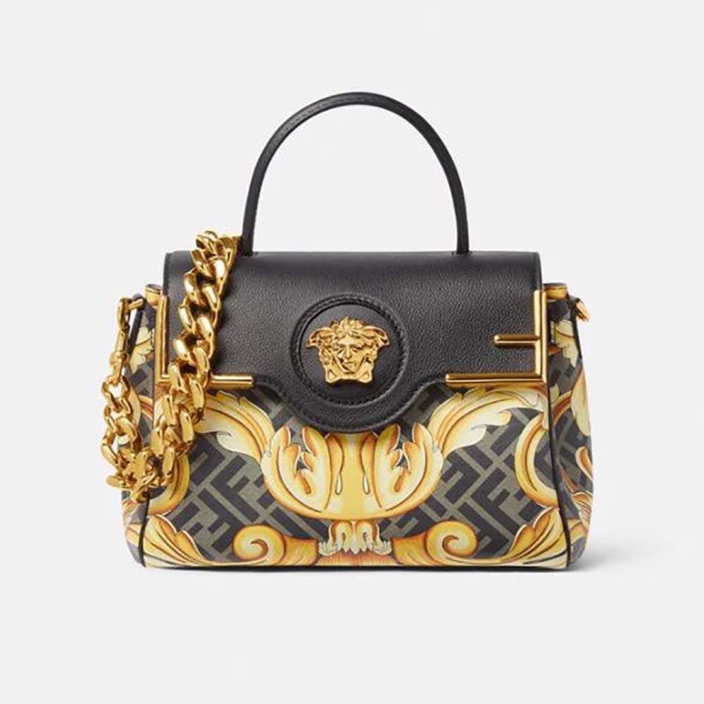 Front view of Fendi Women Fendace La Medusa Medium Handbag-Black with gold Medusa clasp