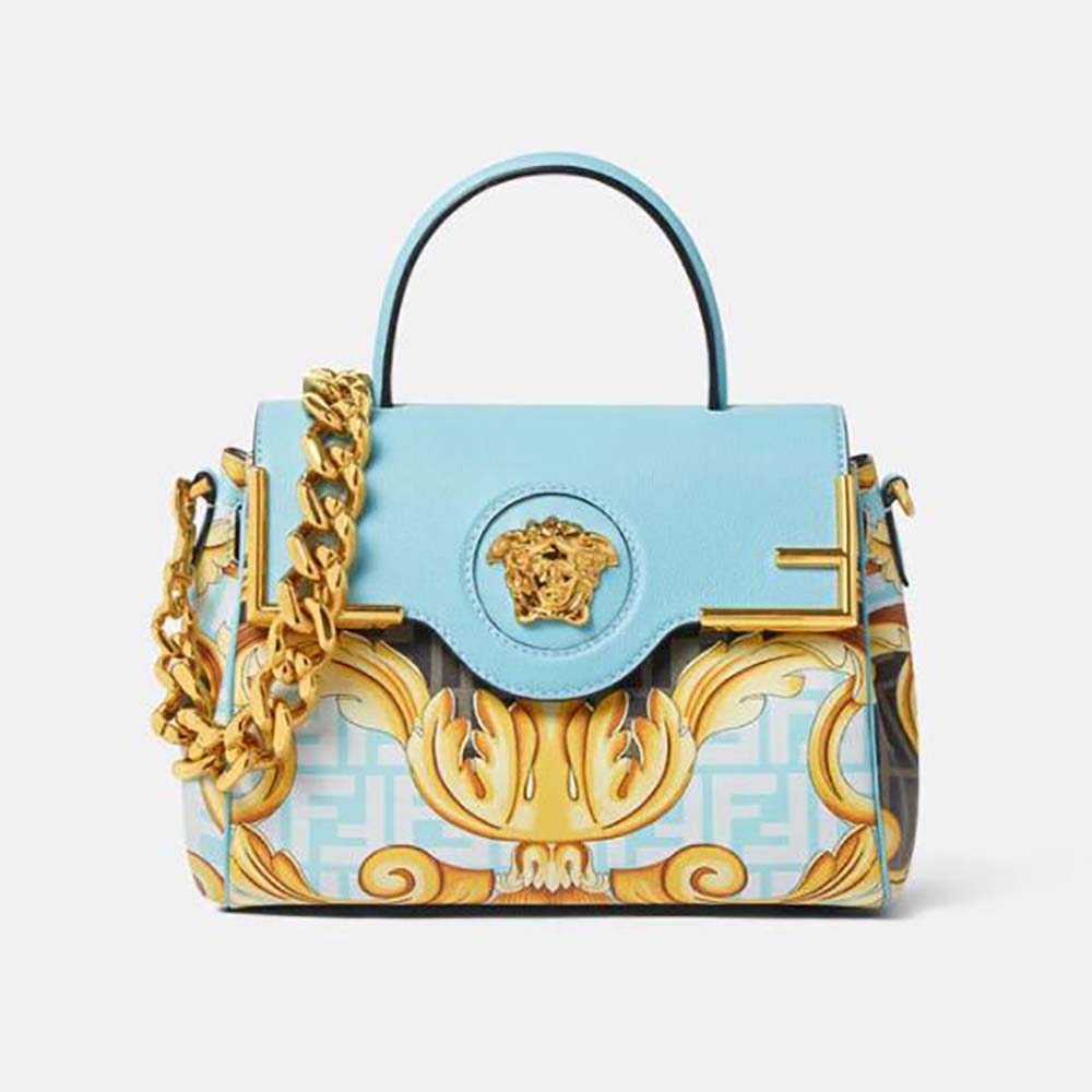 Front view of Fendi Women Fendace La Medusa Medium Handbag-Blue