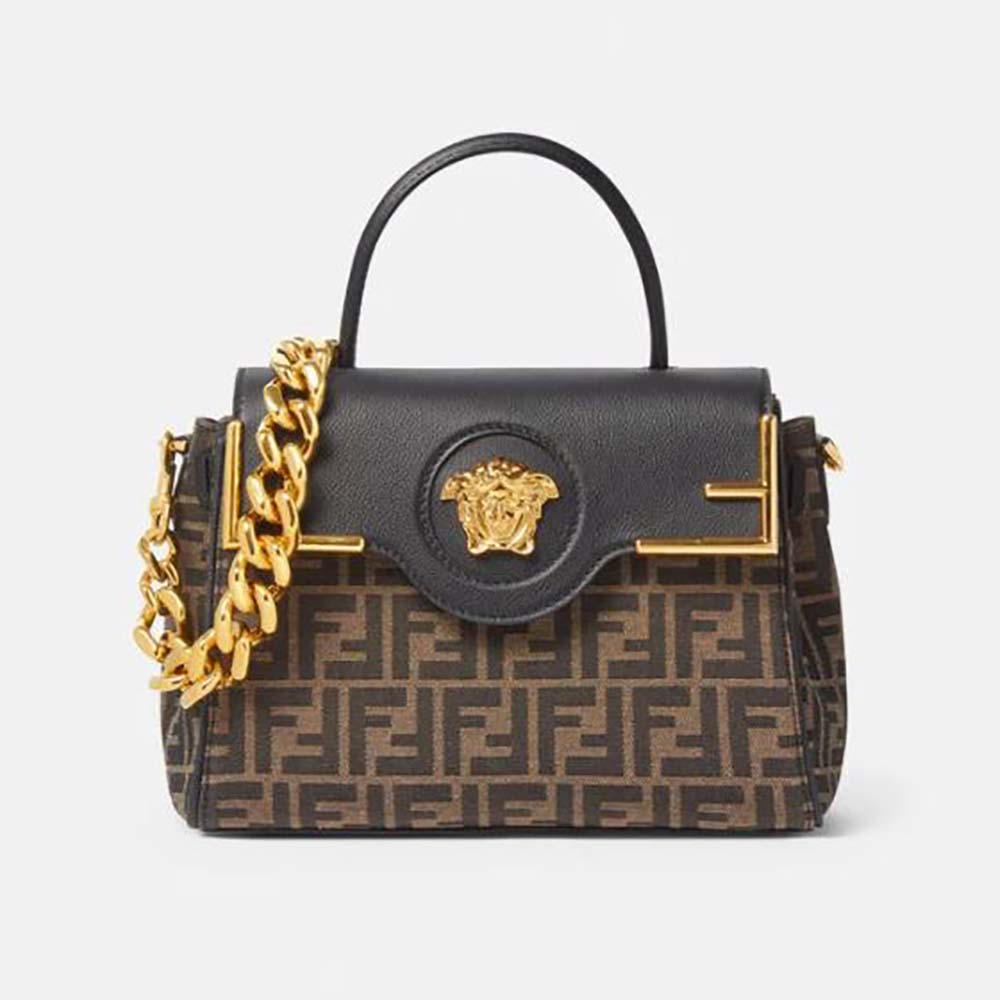 Front view of Fendi Women Fendace La Medusa Medium Handbag-Brown