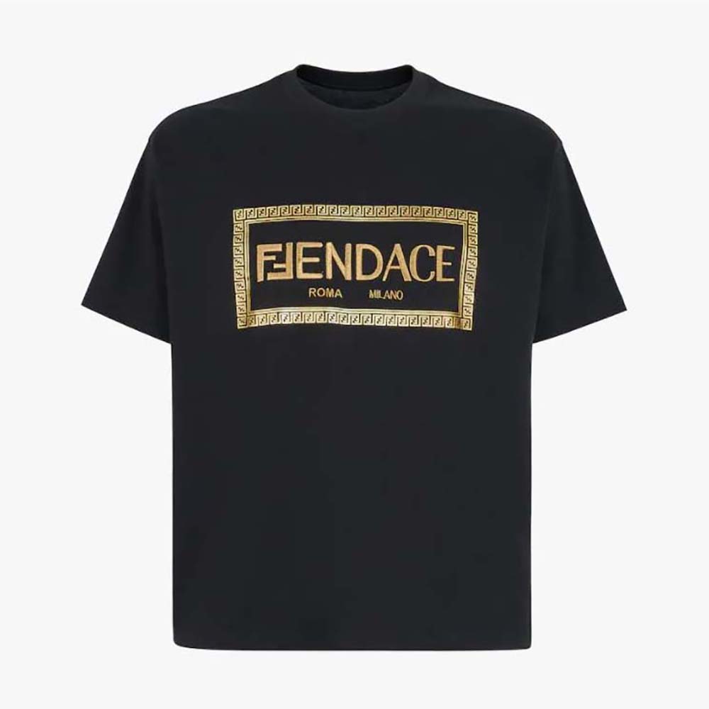 Front view of Fendi Men Fendace Logo Black Jersey T-shirt