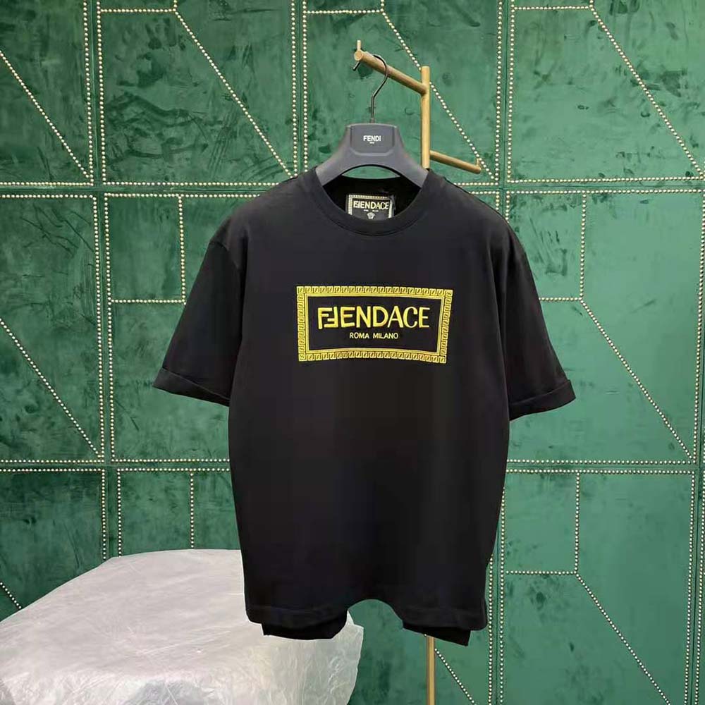 Close-up of bold Fendace logo on black jersey T-shirt
