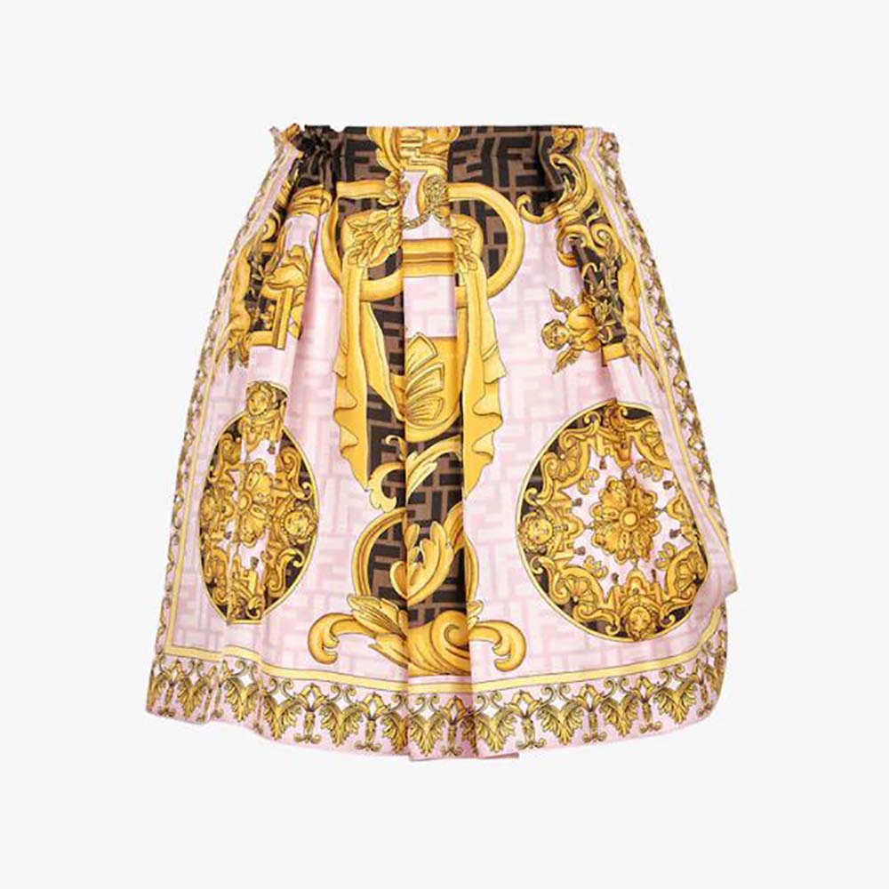 Front view of Fendi Women Fendace Multicolor Silk Skirt in pink