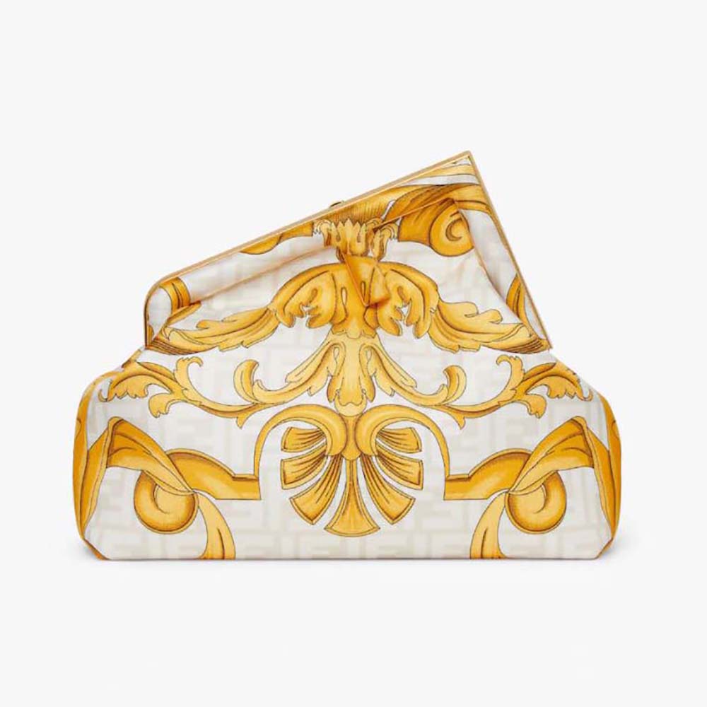 Front view of Fendi Women First Medium Fendace White Printed Silk Bag