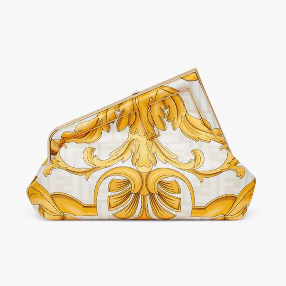 Front view of Fendi Women First Small Fendace White Printed Silk Bag in yellow