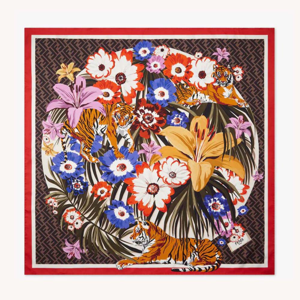 Front view of Fendi Women Flower Foulard Foulard in brown silk