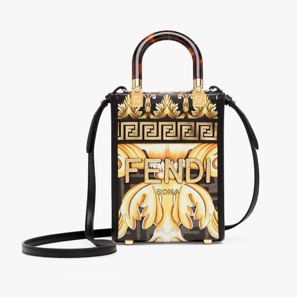 Front angle view of Fendi Women Mini Sunshine Shopper Fendace Printed FF Leather Mini Bag