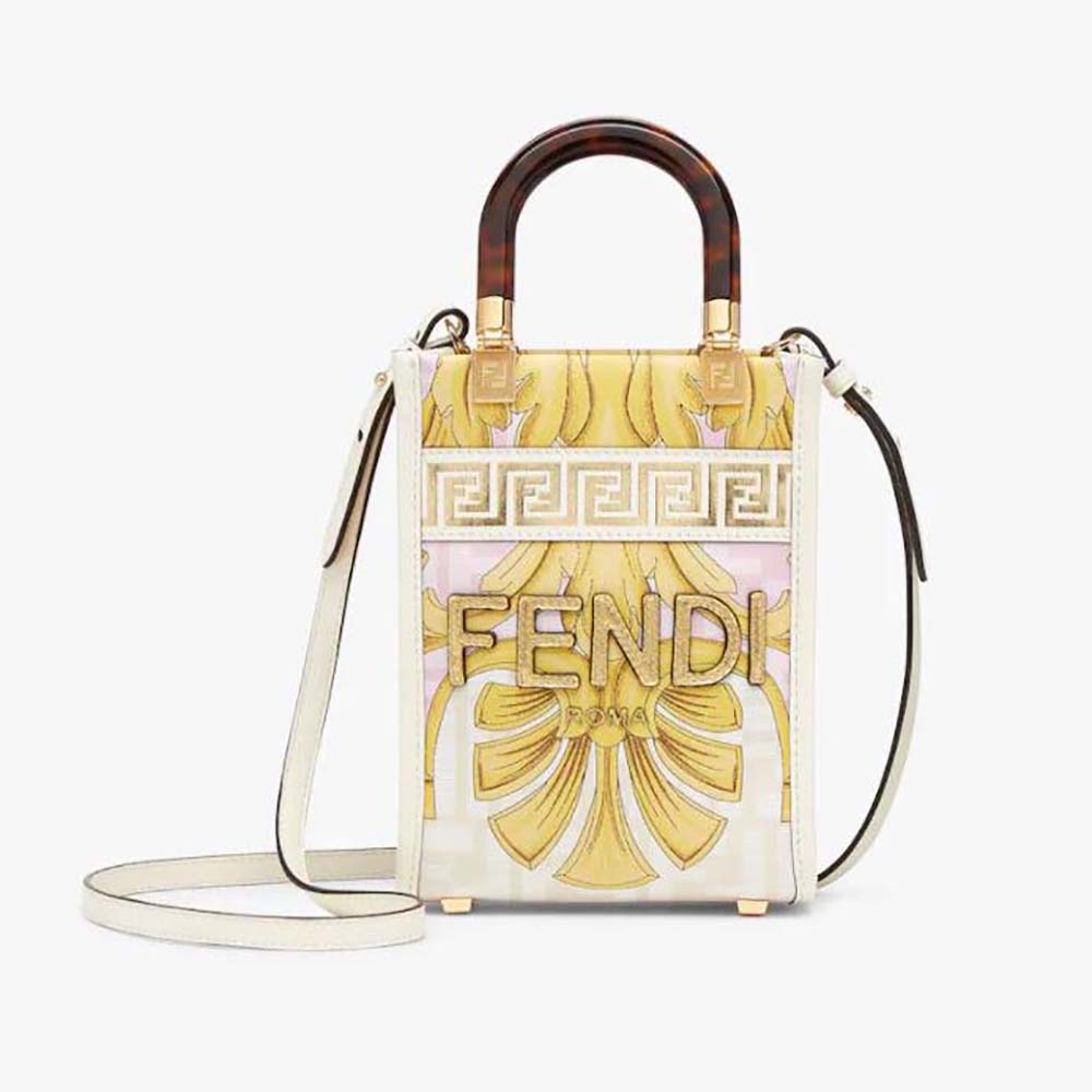 Front view of Fendi Women Mini Sunshine Shopper Fendace Printed White Leather Mini Bag