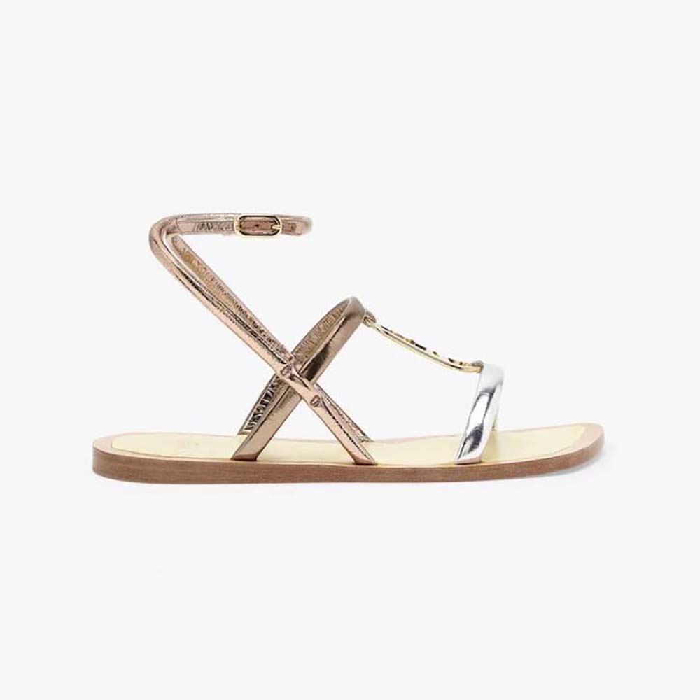 Side view of Fendi Women O Lock Silver Nappa Leather Sandals