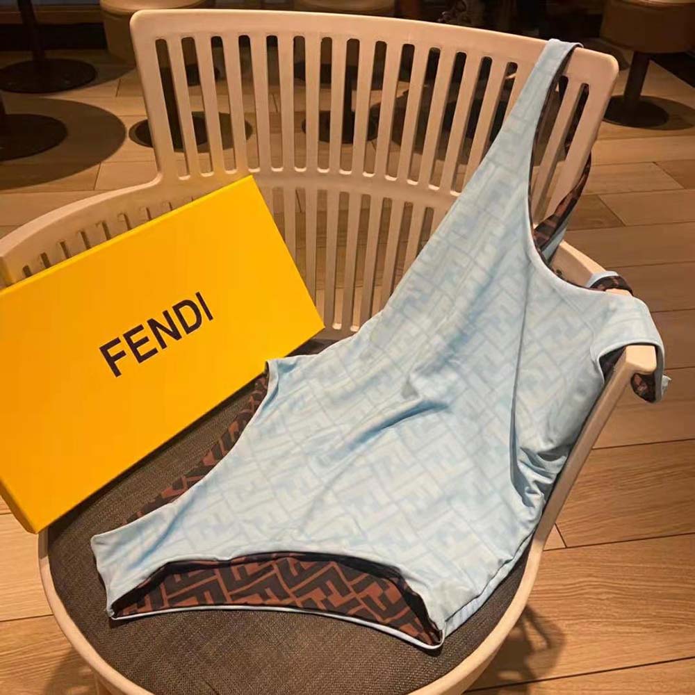 Close-up of light blue Lycra fabric and Fendi logo detail