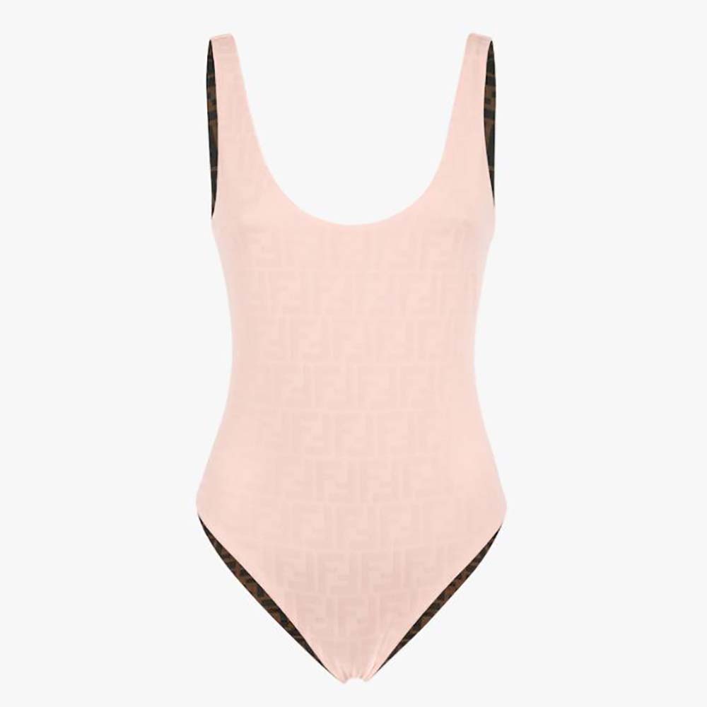 Front view of Fendi Women One-Piece Swimsuit Pink Lycra Swimsuit showcasing vibrant color
