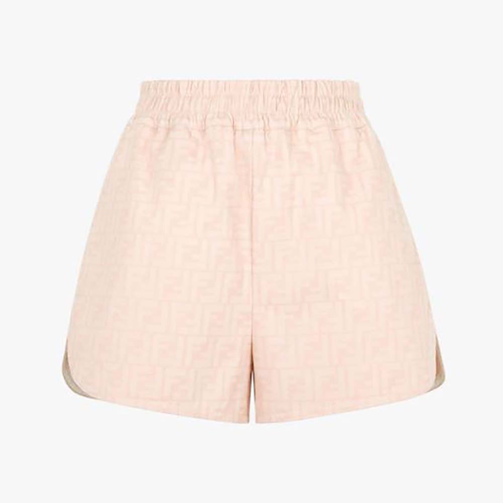Front view of Fendi Women Pink Denim Shorts with A Rounded Hem