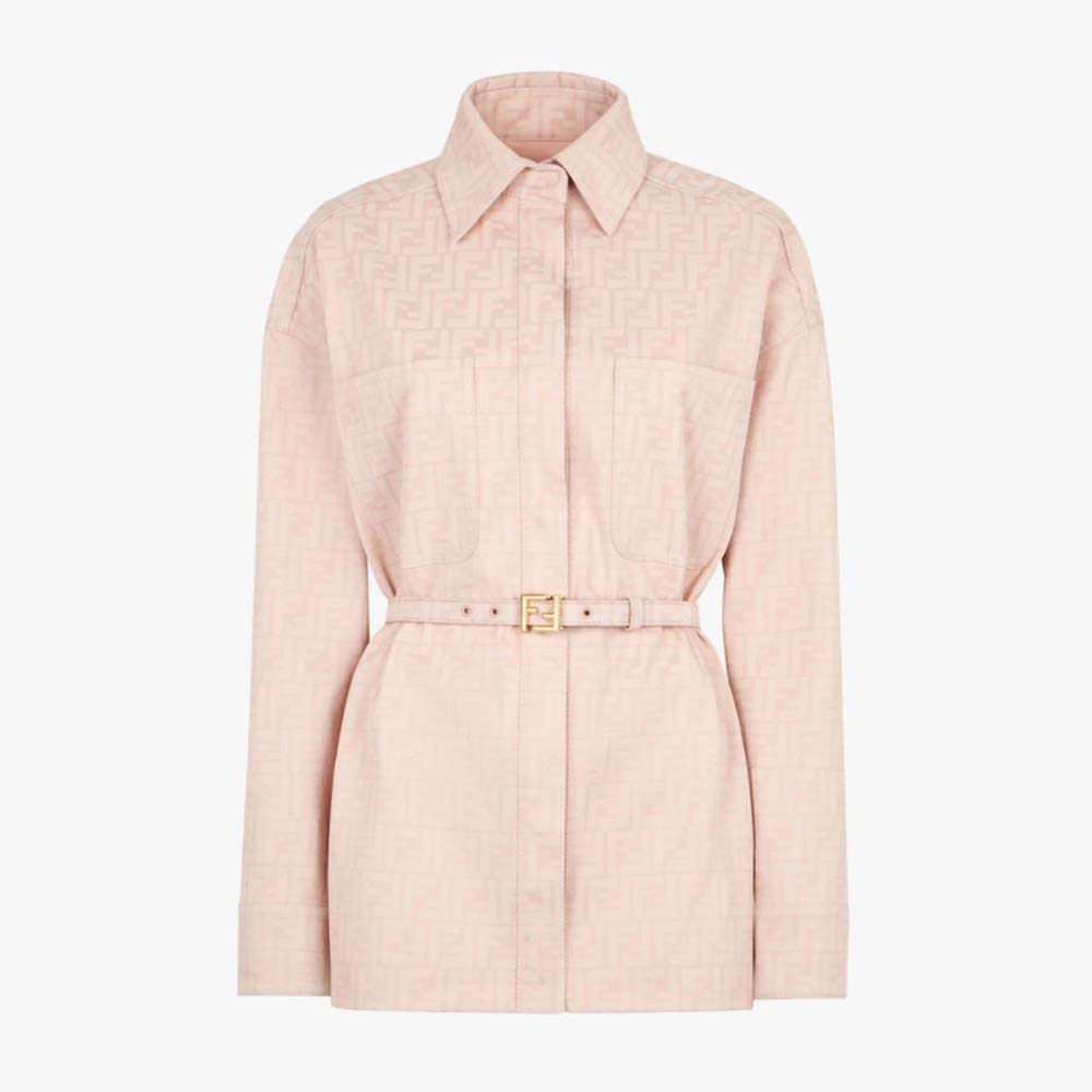Front view of Fendi Women Pink Denim Go-To jacket with shirt collar