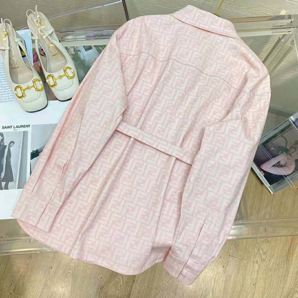 Detail of Fendi logo buttons on pink denim Go-To jacket