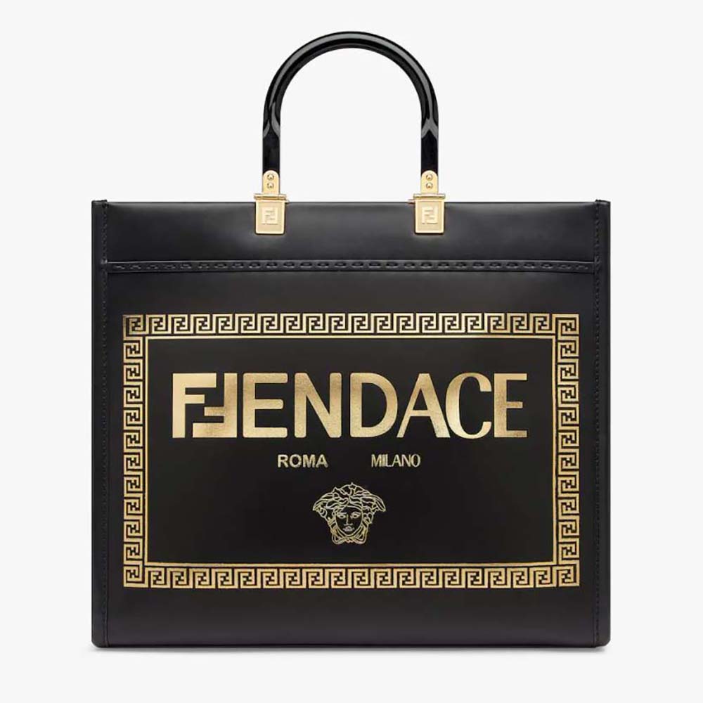 Front view of Fendi Women Sunshine Medium Fendace Printed Black Leather Logo Shopper