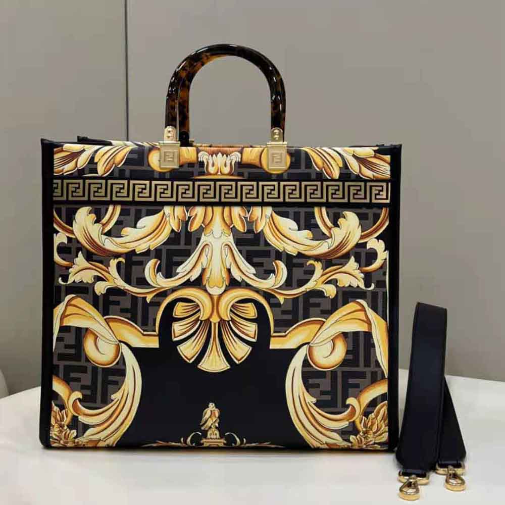 Side angle showing silhouette of Fendi Women Sunshine Medium Fendace Printed FF Leather Shopper