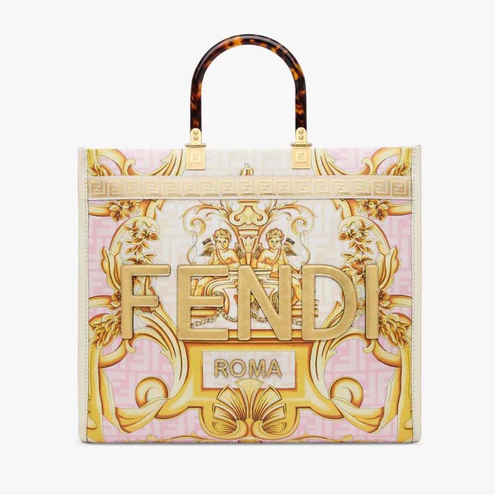 Front view of Fendi Women Sunshine Medium Fendace Printed White Leather Shopper