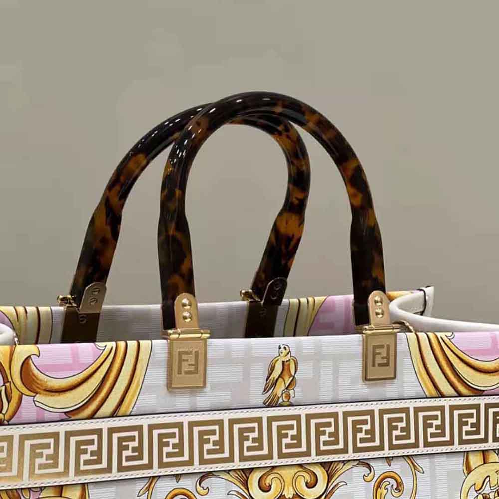 Fendi Women Sunshine Medium Fendace Printed White Leather Shopper - image 6