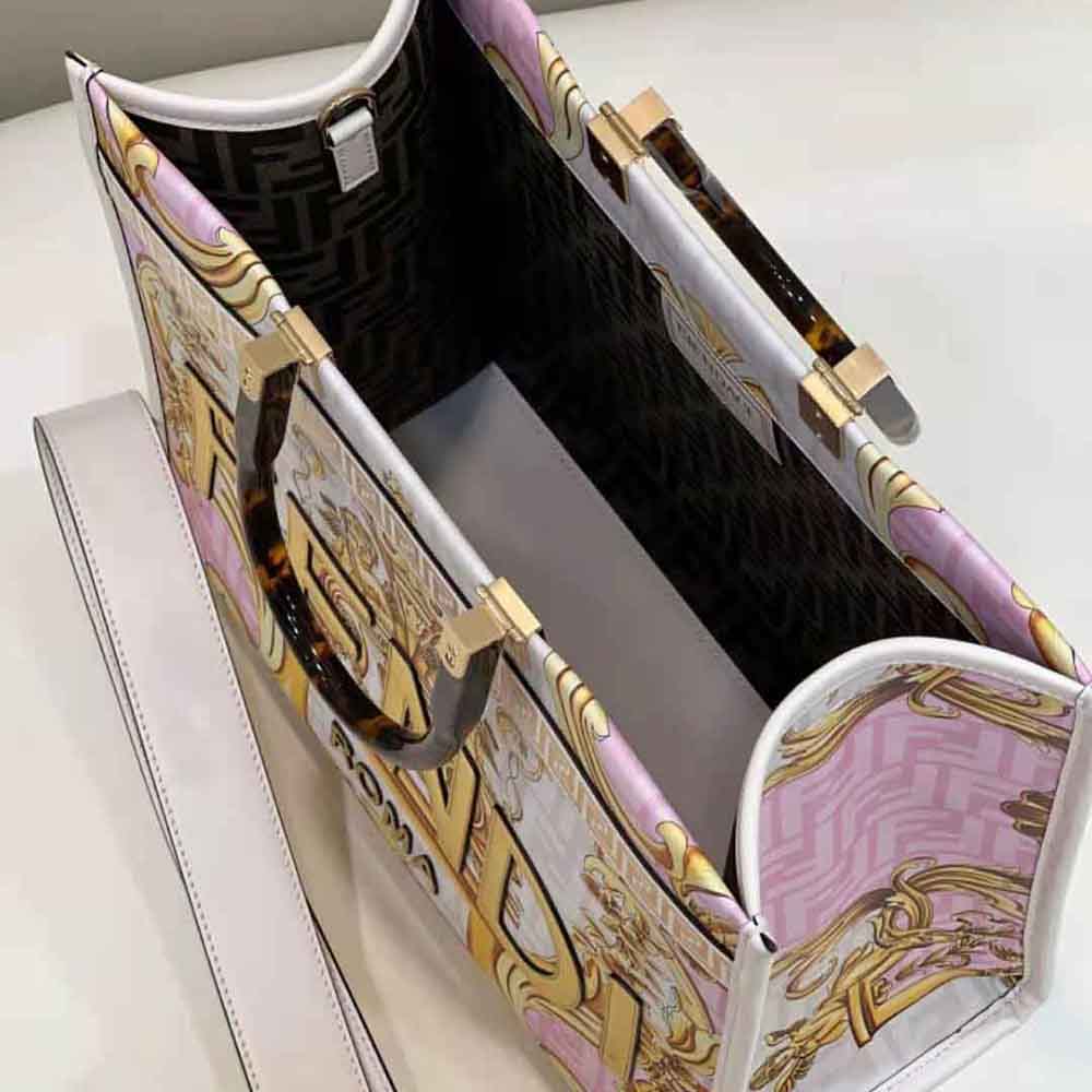 Fendi Women Sunshine Medium Fendace Printed White Leather Shopper - image 8