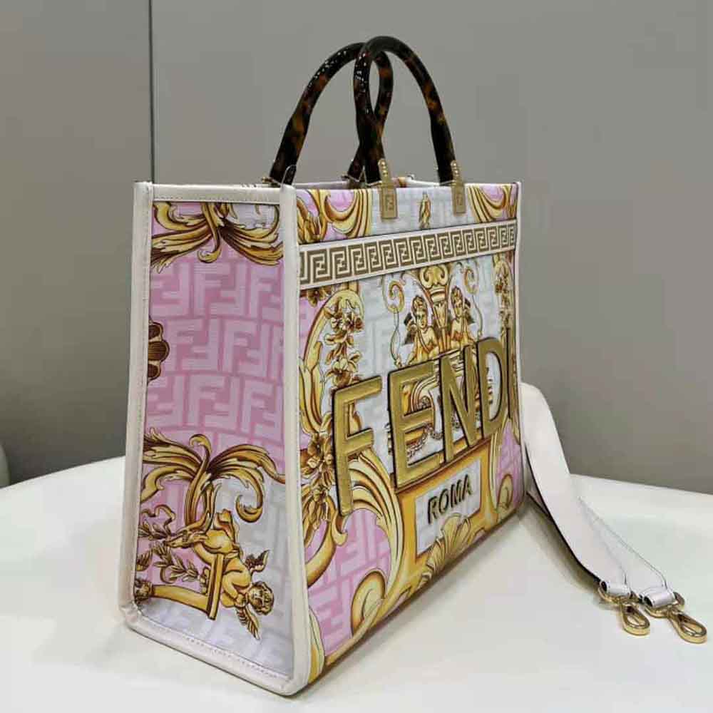 Fendi Women Sunshine Medium Fendace Printed White Leather Shopper - image 4