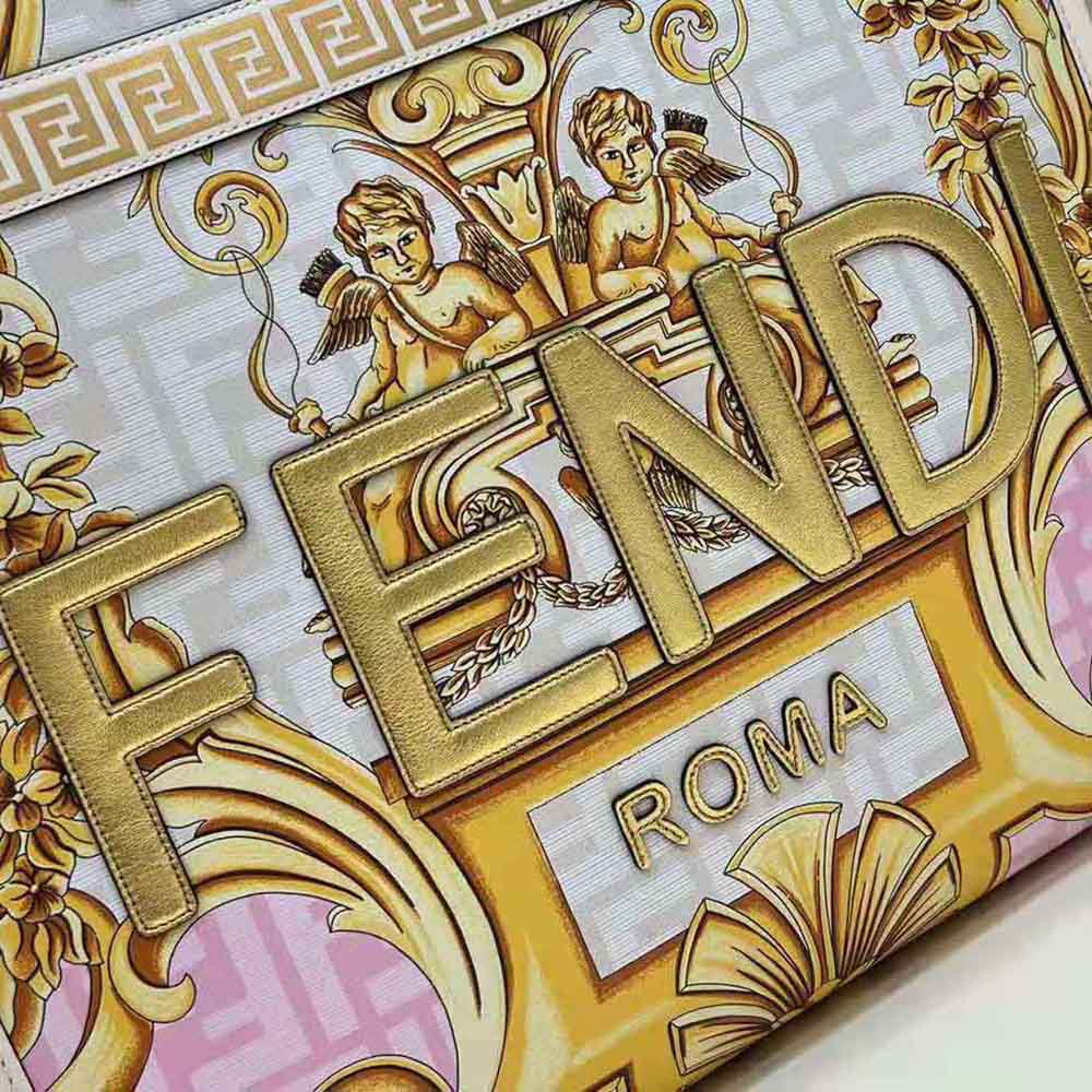 Fendi Women Sunshine Medium Fendace Printed White Leather Shopper - image 7