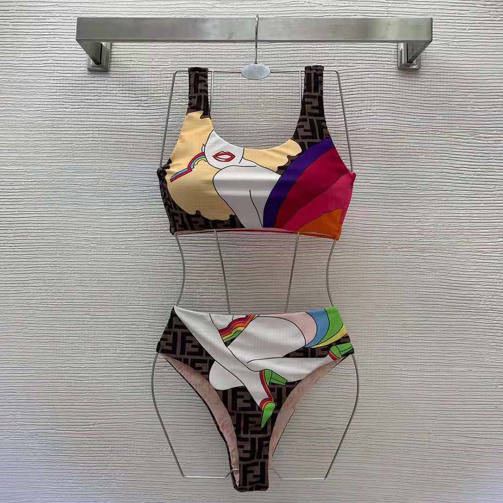 Close-up detail of Fendi logo hardware on pink multicolor Lycra bikini top