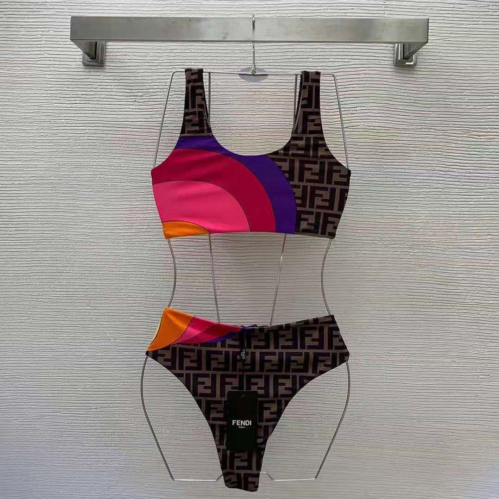 Side angle of Fendi Women Swimsuit Multicolor Lycra Bikini-Pink highlighting adjustable straps