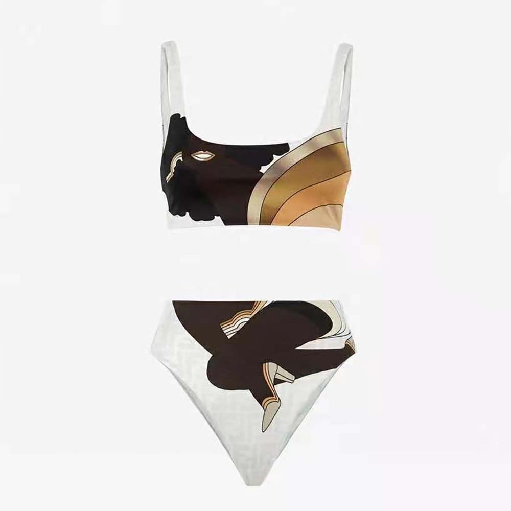 Front view of Fendi Women Swimsuit Multicolor Lycra Bikini-White on model