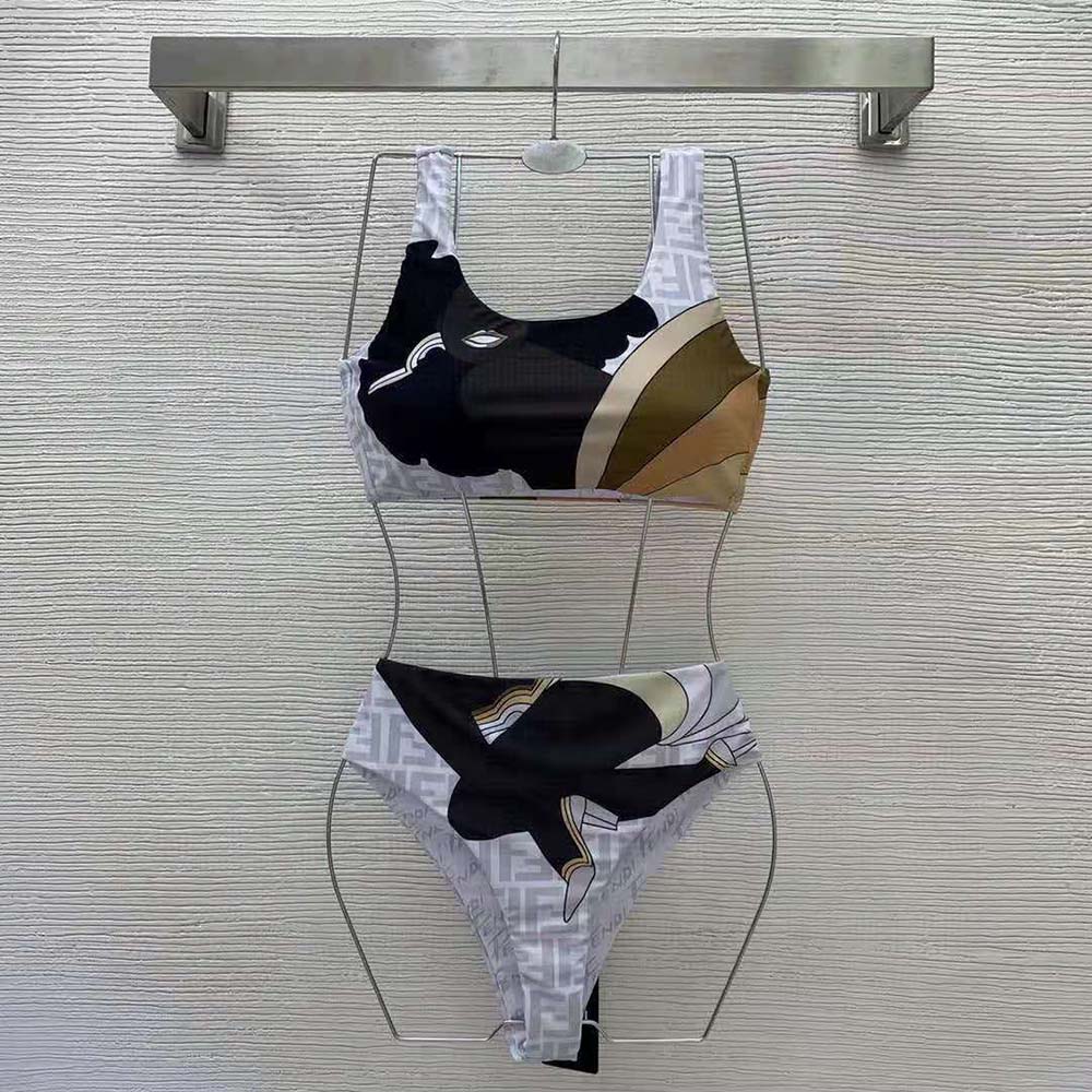 Close-up detail of multicolor print on Fendi Women Swimsuit Multicolor Lycra Bikini-White