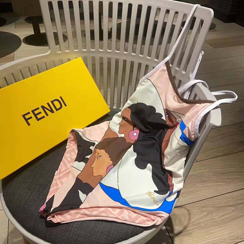 Close-up of Fendi logo detail on multicolor pink Lycra swimsuit
